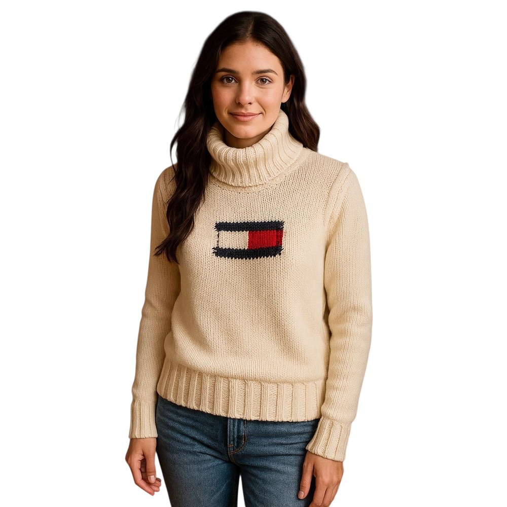 Tommy Hilfiger Cream Cable Knit Flag Logo Turtleneck Sweater 100% Cotton Y2K